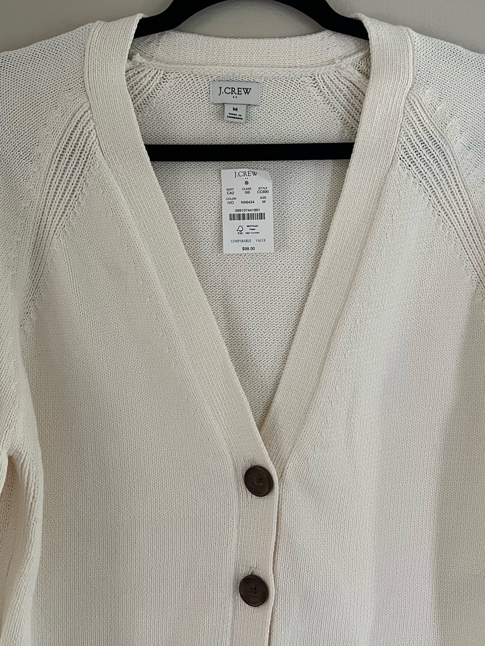 J. Crew Cream V-Neck Button Cardigan Sweater Preppy Classic